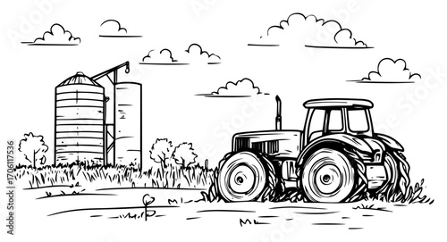 Farm tractor near grain silo on sunny field, modern agriculture machinery rural scene – vector illustration