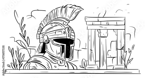 Roman legionary helmet beside ruined temple columns, ancient warrior armour history scene – hand drawn vector illustration