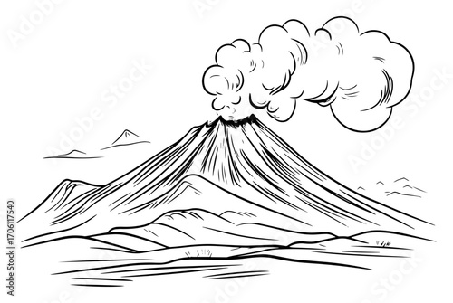 Smoking volcano peak with ash plume rising, dramatic active mountain landscape – hand drawn vector illustration