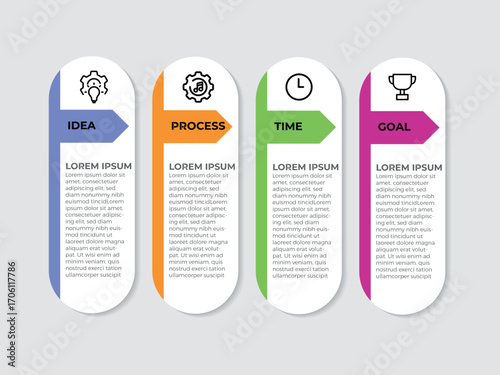 Concept of arrow business model with 4 successive steps. Six colorful graphic elements. Timeline design for brochure, presentation. Infographic design layout