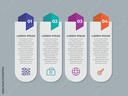 Concept of arrow business model with 4 successive steps. Six colorful graphic elements. Timeline design for brochure, presentation. Infographic design layout