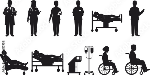Medical silhouettes, doctor, nurse, patient, hospital bed, wheelchair, IV stand, healthcare staff, clinic equipment, healthcare teamwork, black icons