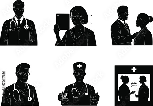Medical professionals silhouettes, doctors and nurses, healthcare icons set, stethoscope, tablet, consultation, x-ray, healthcare team, medical technology, clinic care