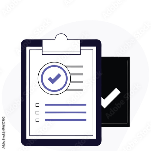 Vector art of a clipboard with a checklist and a prominent checkmark, symbolizing completion and verification, isolated on a