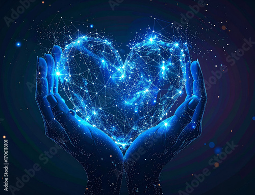 Futuristic glowing blue digital heart made of network connections and shining points of light held in hands on dark background, symbol of technology, innovation, love and digital future