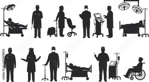 Medical silhouettes, doctors, nurses, patients, hospital scenes, surgery, treatment, healthcare teamwork, clinical equipment, wheelchair, IV stand, modern hospital environment