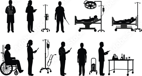 Medical silhouettes, doctors, nurses, patients, hospital scenes, surgery, treatment, healthcare teamwork, clinical equipment, wheelchair, IV stand, laboratory, modern hospital environment