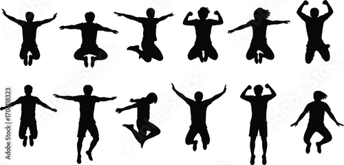 Jumping silhouette set, black-and-white illustrations of dynamic human motion for animation, joy, athleticism, lifestyle, and expressive movement themes
