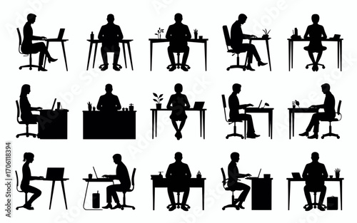 Vector art of silhouette of people working at desks