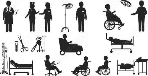 Medical silhouettes, doctors, nurses, patients, hospital scenes, surgery, treatment, healthcare teamwork, clinical equipment, wheelchair, IV stand, syringe, hospital bed