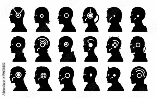 Vector art of collection of futuristic cyborg head silhouettes