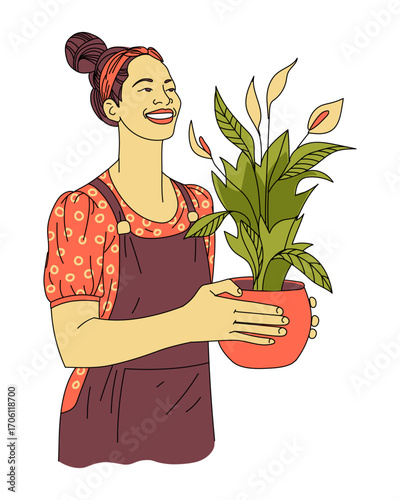 Happy young woman holding a pot with houseplant in her hands. Smiling girl in apron taking care of spathiphyllum flower. Vector illustration in flat style isolated on white background.