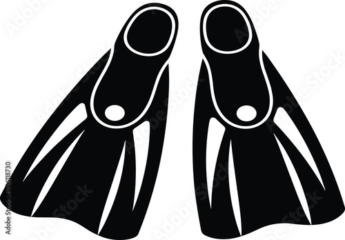 "Black swim fins vector illustration, diving flippers for snorkeling, swimming gear icon, aquatic sport equipment, underwater motion design