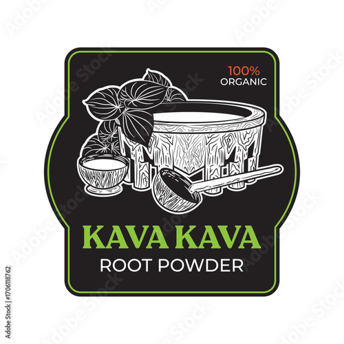 Kava root drink with traditional wood bowl illustration, perfect for herbal supplement logo design  