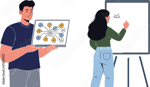 Business data illustration showing professionals analyzing charts, diagrams, and graphs on laptop and whiteboard for strategy, planning, and teamwork.