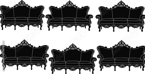 Ornate vintage sofa silhouettes in black and white, symmetrical layout, elegant carved furniture design, classical upholstery, antique interior decor elements