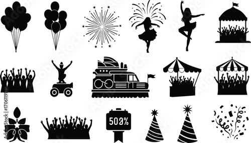 Party celebration vector icons, festival silhouettes, dancing people, fireworks, carnival crowd clipart, confetti, balloons, parade illustration