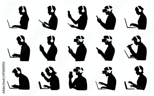Vector art of silhouettes of people using technology