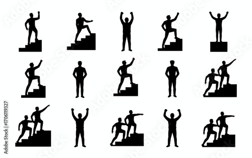 Vector art of sillouette of people climbing stairs and celebrating