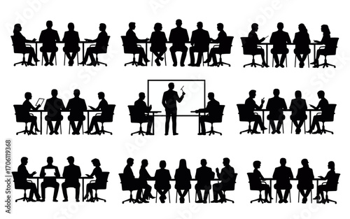 Vector art of silhouettes of people in meeting and presentation