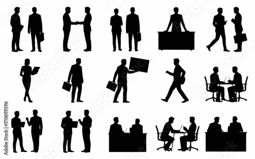 Vector art of silhouettes of business people in different situations
