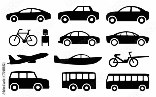 Vector art of collection of transport icons in silhouette