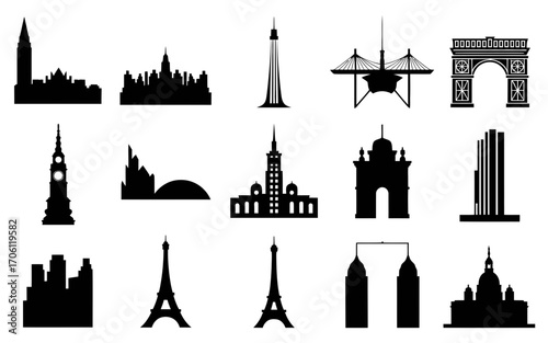 Vector art of collection of world landmark icons in silhouette