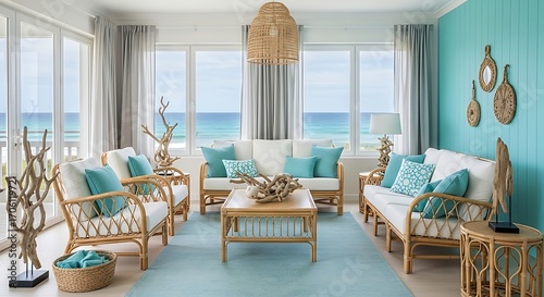 Bright and airy sunroom with ocean view and coastal decor