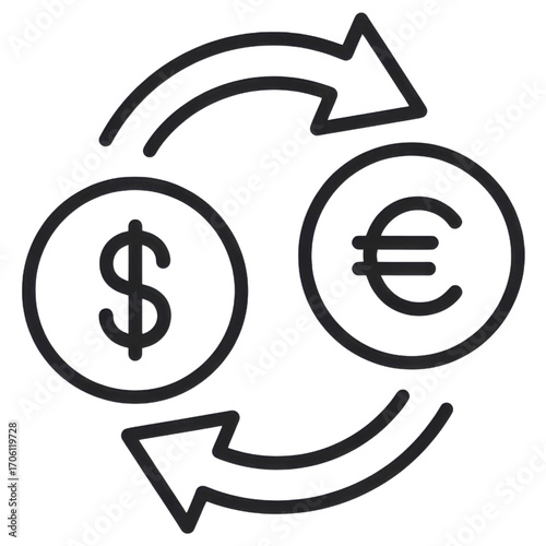 Currency exchange illustration showing dollar and euro with arrows flow on transparent background