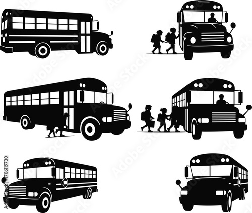 School bus silhouettes with children boarding and walking – school transportation, kids, education, bus vector, student commute, black and white