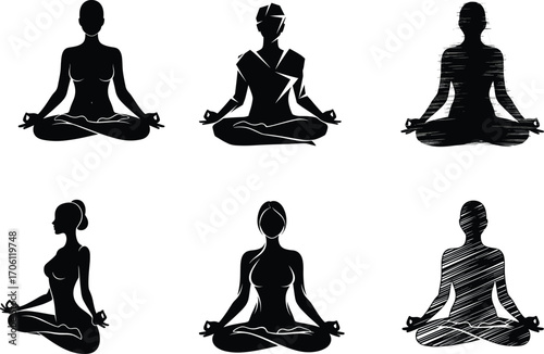 Meditation pose illustrations, seated yoga silhouettes, black and white vector set, mindfulness, spiritual calm, wellness design, peaceful posture, zen art