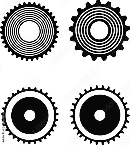 Set of four black gear and cogwheel icons, mechanical engineering, industrial design, machinery parts, circular toothed wheels, technology symbols