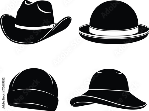 Set of hat silhouette icons, cowboy, bowler, beanie, and sun hat vector illustrations, fashion accessory black graphic collection