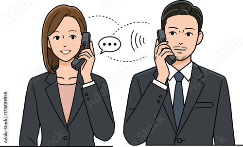 Business professionals engaged in phone conversation with sound wave graphics, symbolizing corporate communication, networking, and remote collaboration