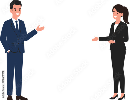 Business professionals in formal attire having a conversation, vector illustration for workplace communication, corporate presentation, office interaction