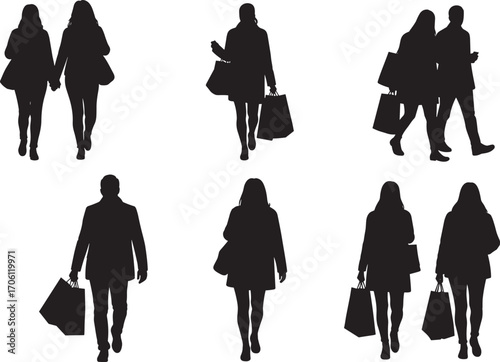 Black Silhouettes of Men and Women Walking with Shopping Bags, Urban Retail Lifestyle Concept for Fashion, Consumerism, and Commerce