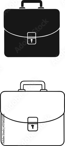 Set of two briefcase icons, black and outline, business bag, professional portfolio, office accessory, leather briefcase, lock clasp design