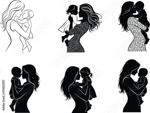 Mother and child illustrations, emotional bond, silhouette and line art styles, black and white vector set, parenting love, family connection, nurturing design