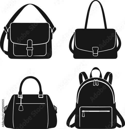 Silhouette bag vector icons, backpack, messenger, handbag, and purse collection, black graphic fashion accessories for travel and casual design