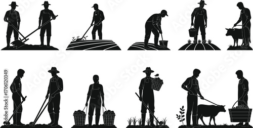 Silhouette farmers working in agriculture, harvesting crops, planting, watering, feeding animals, traditional farming tools, rural life, black illustration