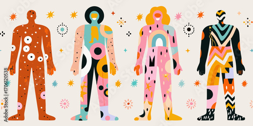 Diverse abstract figures with colorful patterns and celestial motifs against a light background