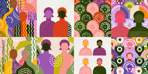 Vibrant abstract collage featuring diverse silhouettes of people and organic shapes in a patchwork design