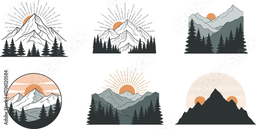 Mountain landscape illustration, sun and pine trees, nature vector, silhouette style, sunrise scene, outdoor adventure, forest design, scenic artwork, peaceful view