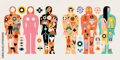 Diverse group of people represented as abstract figures filled with various icons and symbols