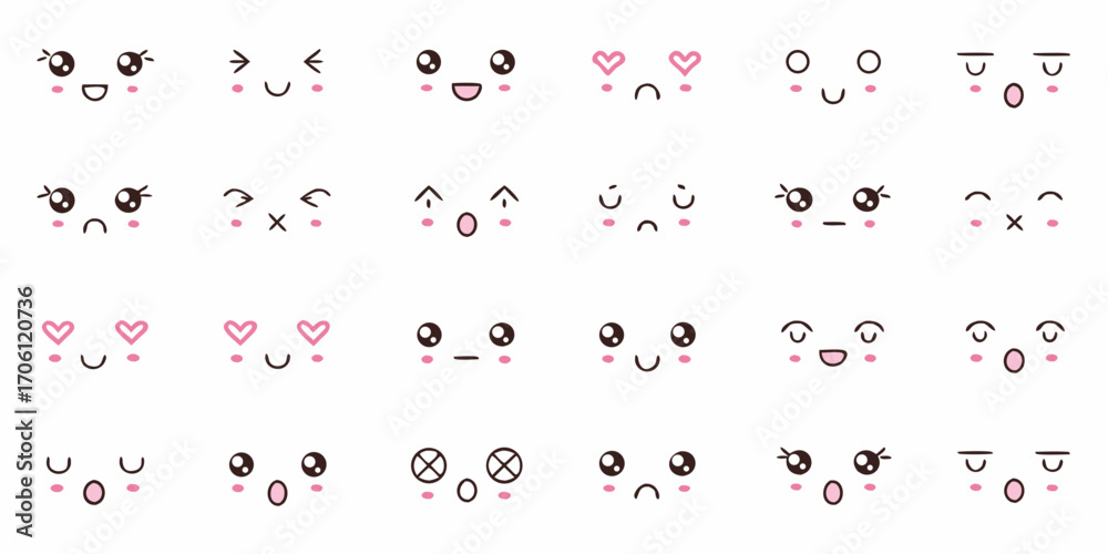 Naklejka premium Collection of cute kawaii anime style faces expressing various emotions and feelings