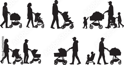 Silhouettes of Adults with Strollers and Children Walking Together in Urban Outdoor Settings, Parenting and Family Lifestyle Vector Illustration