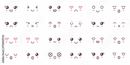 Collection of cute kawaii anime style faces expressing various emotions and feelings