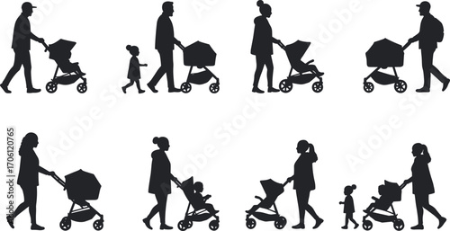 Silhouettes of Adults with Strollers and Children Walking Together in Urban Outdoor Settings, Parenting and Family Lifestyle Vector Illustration