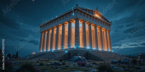 Mystical Parthenon Temple with Glowing Magical Energy at Night
