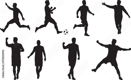 Soccer player silhouette set, dynamic football poses, kicking, running, celebrating, sports action vector for athletic design and illustration